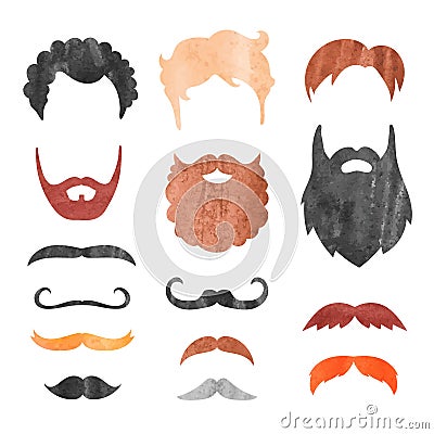 Watercolor mustache, beard and haircut set Vector Illustration