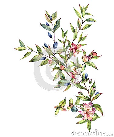 Watercolor Myrtle. Vintage Watercolor Greeting Card with Green Leaves, Twigs, Branches, Blooming flowers of Myrtle Stock Photo
