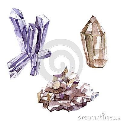 Watercolor mystical collection. Crystals. Minerals. Light and shiny Stock Photo