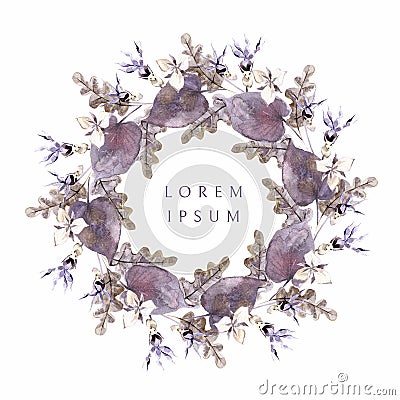 Watercolor mystical round frame with flowers, branches and oak leaves. Brown and violet wreath Stock Photo