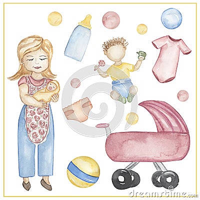 Watercolor Nanny clipart, hand drawn illustration. Nanny working with baby, kids school card clip art, educational, cute children Cartoon Illustration