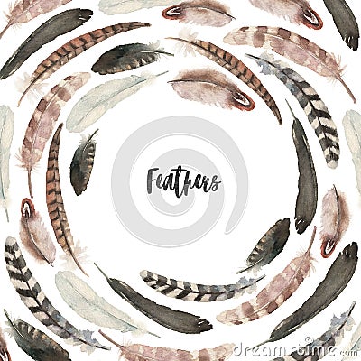 Watercolor natural boho feather round arrangement, isolated on white background Cartoon Illustration