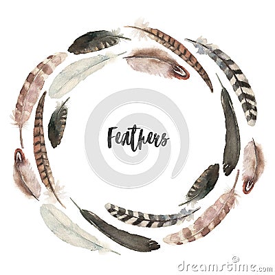 Watercolor natural boho feather round wreath, isolated on white background Cartoon Illustration