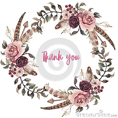 Watercolor natural boho floral feather round flower wreath, isolated on white background Cartoon Illustration