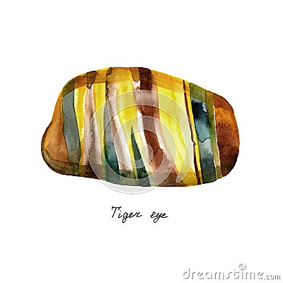 Watercolor natural mineral gem stone - Tiger`s eye - Tiger eye gemstone isolated on white background. Stock Photo