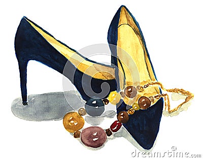 Watercolor navi shoes with necklace. Elegant hand-drawn fashion illustration. Cartoon Illustration