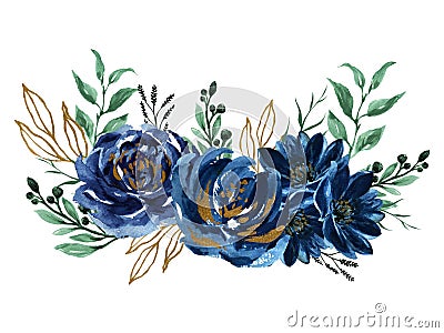 Watercolor navy blue gold green bouquet illustration Painted composition of flowers for design Greeting card Valentine`s Day, Cartoon Illustration