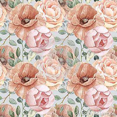 Watercolor neutral soft colors flowers seamless pattern. Hand drawn nude poppy, rose, peony, greenery, eucalyptus Stock Photo