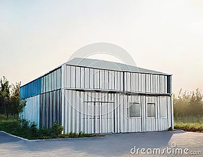 Watercolor of Newly constructed mobile industrial building with prefab container on Stock Photo