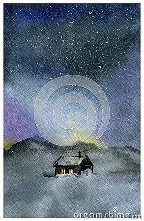 Watercolor night sky and house Stock Photo