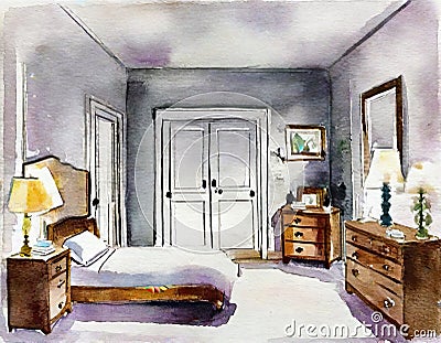 Watercolor of Nighttime bedroom with wall and door to anotbedroom with Stock Photo