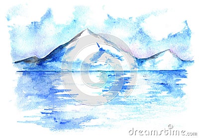Watercolor North winter ice mountain landscape hand drawn Stock Photo