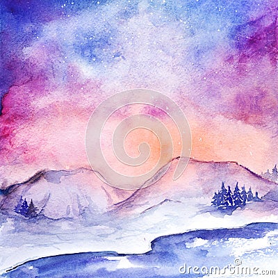 Watercolor nothern lights nature snow winter landscape Stock Photo