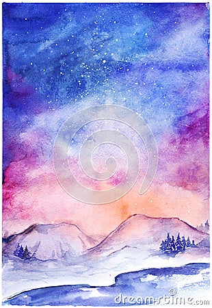 Watercolor nothern lights nature winter space landscape Stock Photo