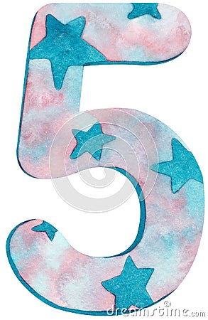 Watercolor number five with pink and blue colors and stars Cartoon Illustration