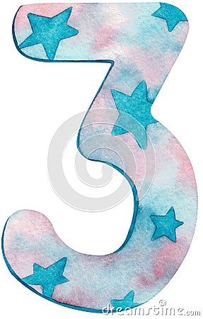 Watercolor number three with pink and blue colors and stars Cartoon Illustration