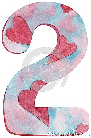 Watercolor number two with pink and blue colors and hearts Cartoon Illustration