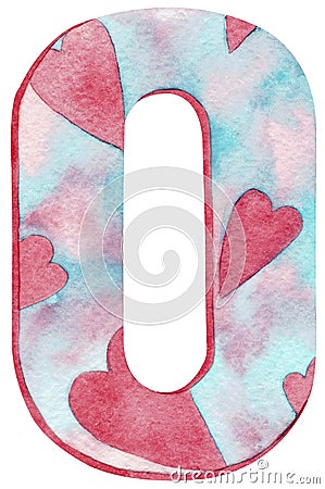 Watercolor number zero with pink and blue colors and hearts Cartoon Illustration