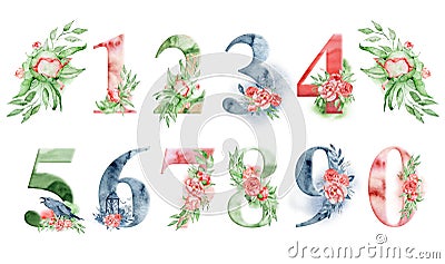 Watercolor numbers with flowers and leves. Romantic set for wedding invitations and cards Vector Illustration