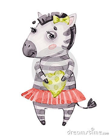 Watercolor nursery cute baby zebra girl, sweet cartoon zebra isolated on white, fashion child vwatercolour, scandinavian Cartoon Illustration