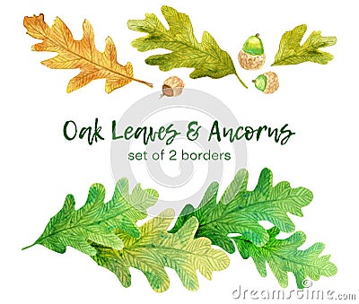 Watercolor oak leaves and ancorns. Set of 2 hand drawn borders Stock Photo