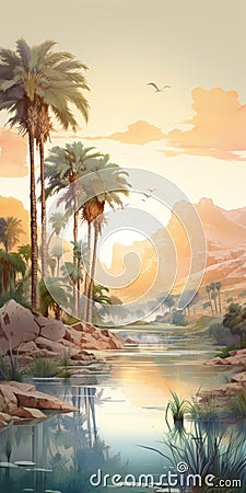 Watercolor Oasis Painting: Palm Trees By The River In The Desert Cartoon Illustration