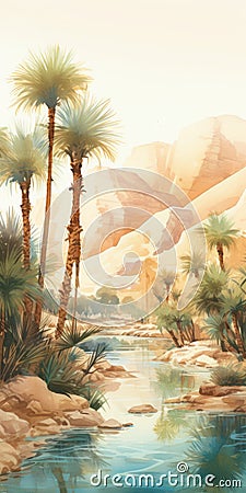 Watercolor Oasis: Vibrant Depiction Of Desert Wilderness Cartoon Illustration