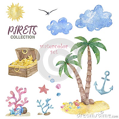 Watercolor ocean set. Palm and gold for pirets collection. Cartoon illustration on white background. Colorful clip art Cartoon Illustration