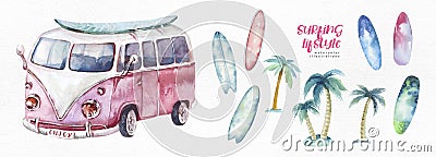 Watercolor ocean surf beach, adventure, bike and motorollier, fun holiday activity, tropical travel illustration. Island Cartoon Illustration