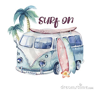 Watercolor ocean surf beach, adventure, bike and motorollier, fun holiday activity, tropical travel illustration. Island Cartoon Illustration