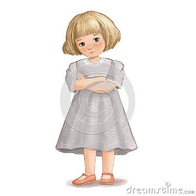 Watercolor offended girl with crossed arms. Cute kid for isolated on white Stock Photo