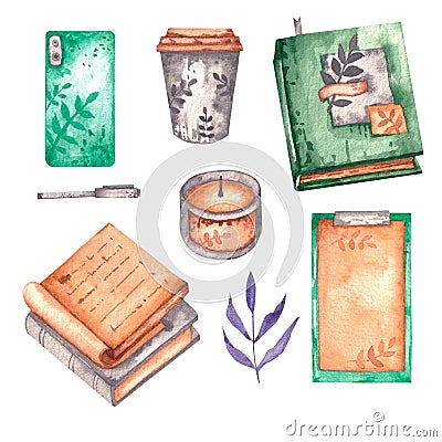 Watercolor office items books, coffee, candles, pens, phone, folders Stock Photo