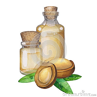Watercolor oil bottles surrounded by argan plants Stock Photo
