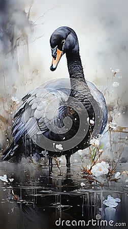 Watercolor Oil Painting of An Evocative Depicts Black Swan Water Bird Background Stock Photo