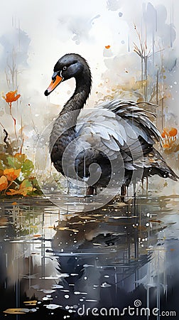 Watercolor Oil Painting of An Evocative Depicts Black Swan Water Bird Background Stock Photo