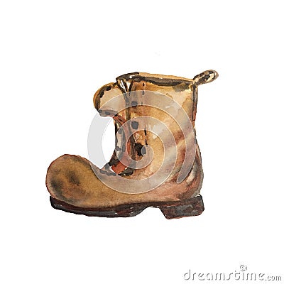 Hand drowning watercolor old brown boot Stock Photo