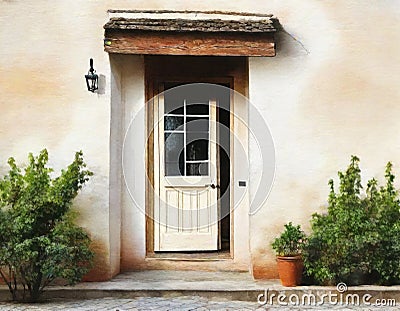 Watercolor of old house door home house design Stock Photo