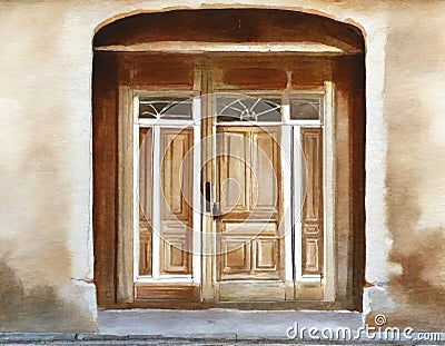 Watercolor of old house door home house design Stock Photo