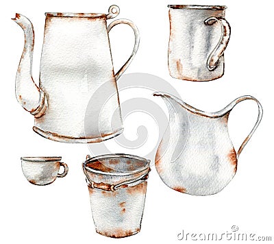 Watercolor old rusty inventory Vector Illustration