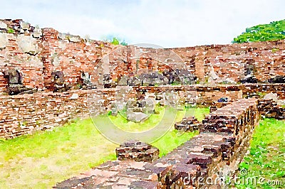 Watercolor of old temple in Ayutthaya at Thailand Stock Photo