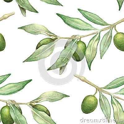 Watercolor olive branch seamless pattern Vector Illustration