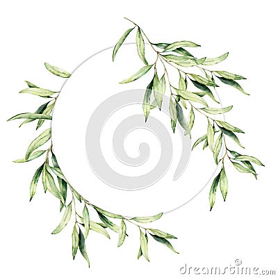 Watercolor olive leaves wreath. Hand painted floral circle border with olive tree branches with leaves isolated on white Stock Photo