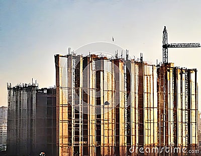 Watercolor of Ongoing construction of a building with cranes and Stock Photo