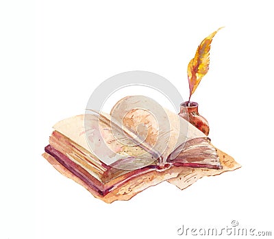 Watercolor open book with pen and ink in old vintage style isolated on white Cartoon Illustration