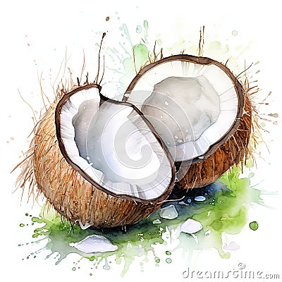 Watercolor open coconut Illustration AI Generative Stock Photo