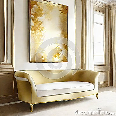 Watercolor of Opulent gold white living room with plush Stock Photo