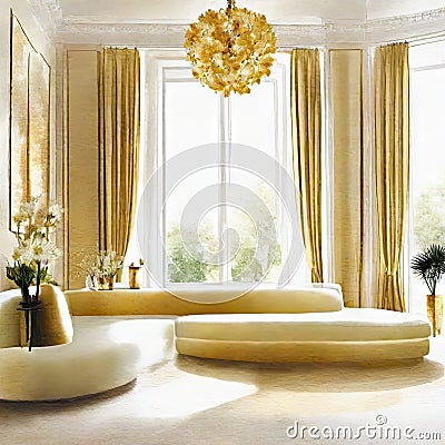 Watercolor of Opulent gold white living room with plush Stock Photo