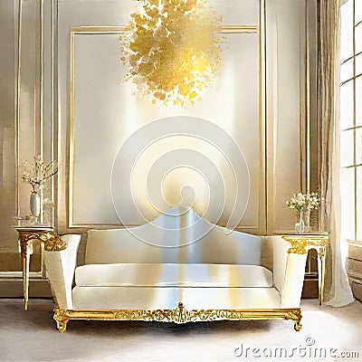 Watercolor of Opulent gold white living room with plush Stock Photo