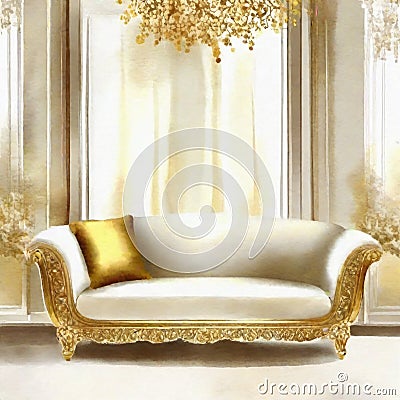 Watercolor of Opulent gold white living room with plush Stock Photo