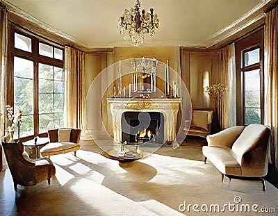 Watercolor of Opulent living room with a Stock Photo